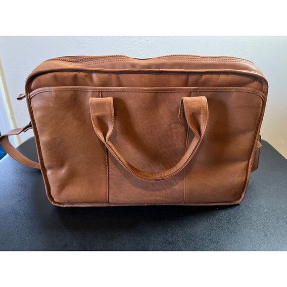 Brown / Tan Leather Satchel Messenger Bag Expandable Shoulder Strap & Handles - Picture 13 of 16